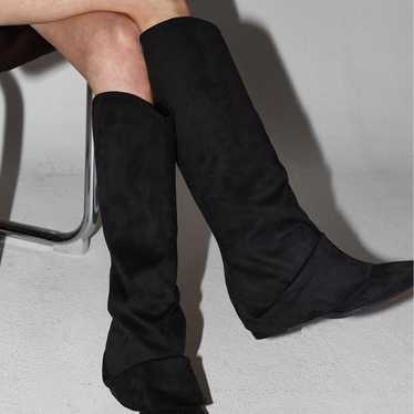 BLACKUP Black Suede Long Boots Pointed Toe