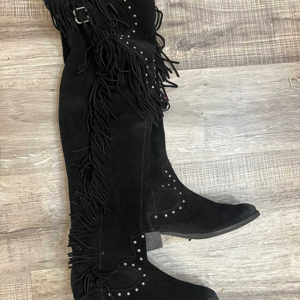 Black suede over the knee fringe boot - image 1