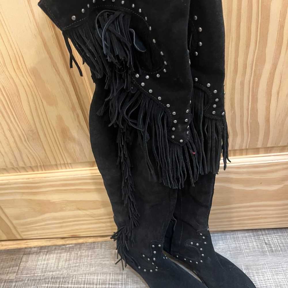 Black suede over the knee fringe boot - image 2