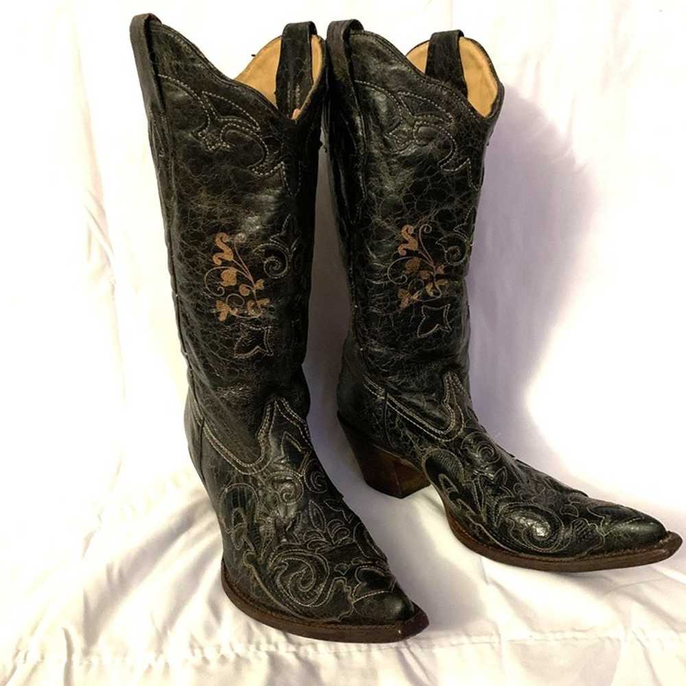 Corral Black Leather Cowboy Boots With Embroidere… - image 3