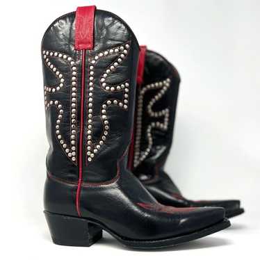 Frye Boots Black Cowboy Red Studded Leather Womens