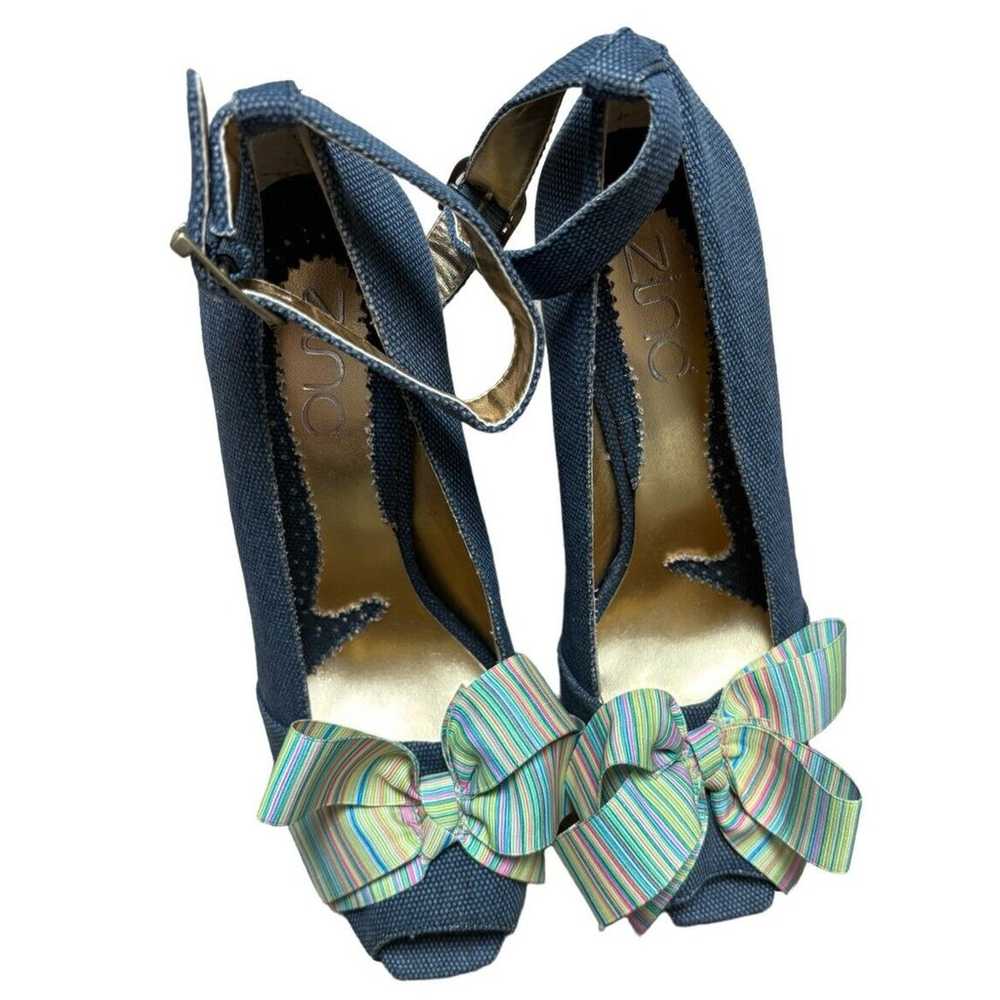 Zinc Denim Fabric Pumps Heels Wooden Heel Striped… - image 1