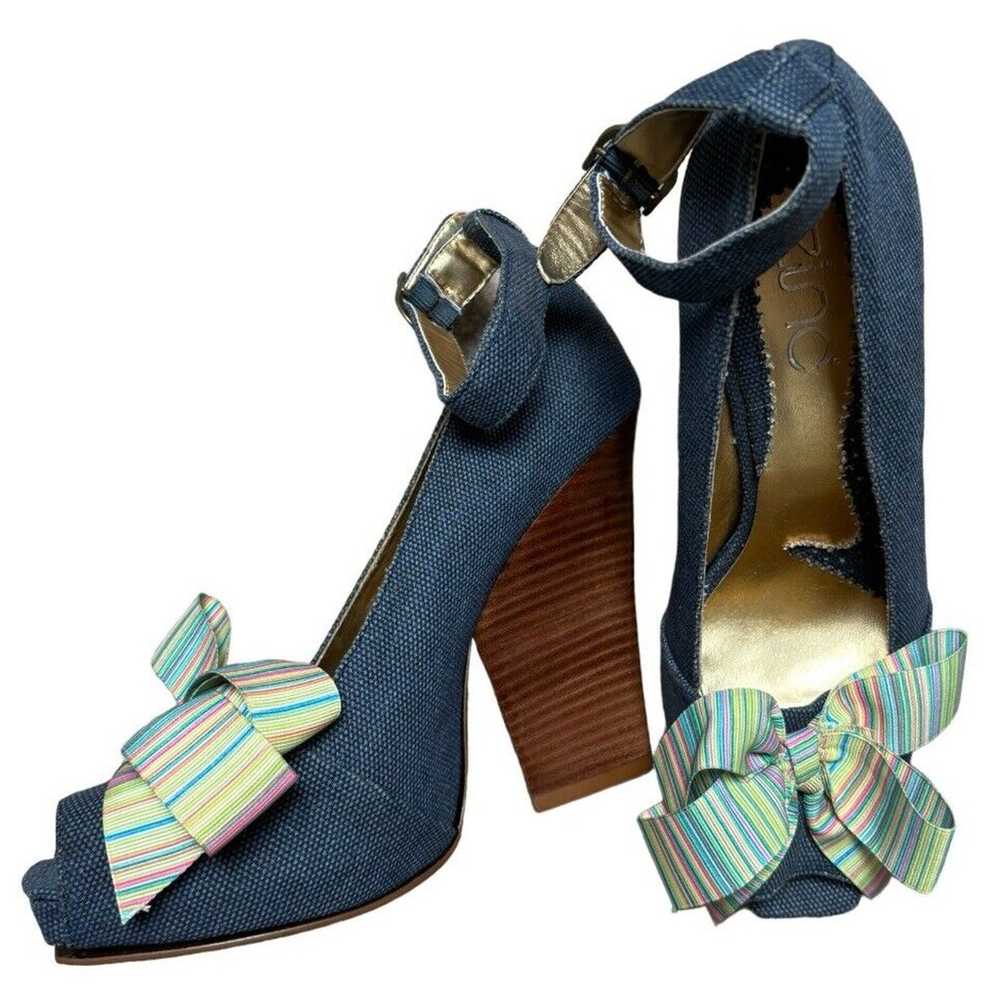 Zinc Denim Fabric Pumps Heels Wooden Heel Striped… - image 2