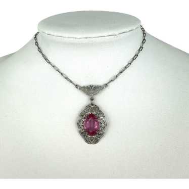 Vintage Art Deco Pink Rhinestone Pendant - image 1