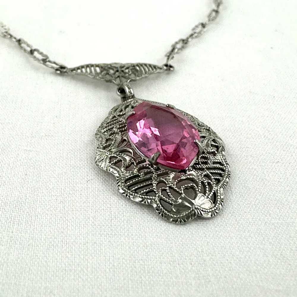 Vintage Art Deco Pink Rhinestone Pendant - image 4