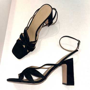 Ann Taylor Rue Black Suede Petal strap block heel 