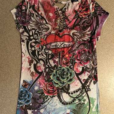 Vintage Y2K Rue 21 True Love Roses Design Shirt W… - image 1