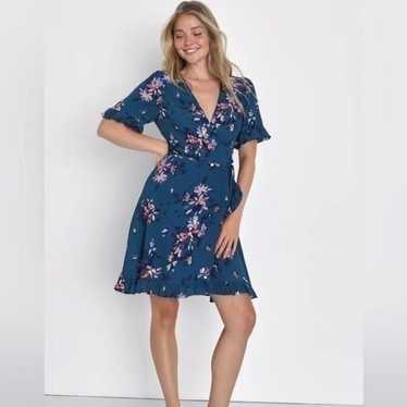 Lulus dalton teal blue floral ruffled wrap dress