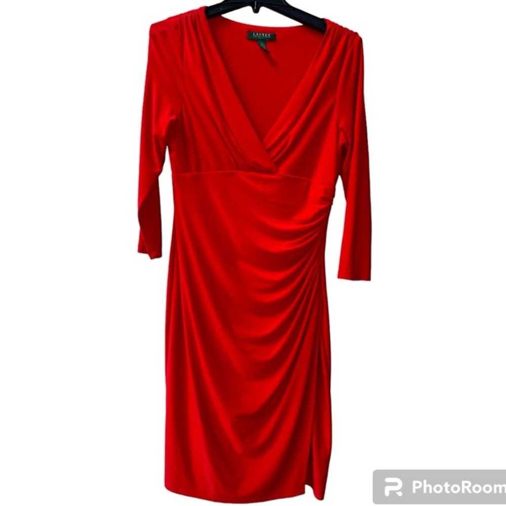 LAUREN Ralph Lauren Red Jersey Faux Wrap Dress Si… - image 1