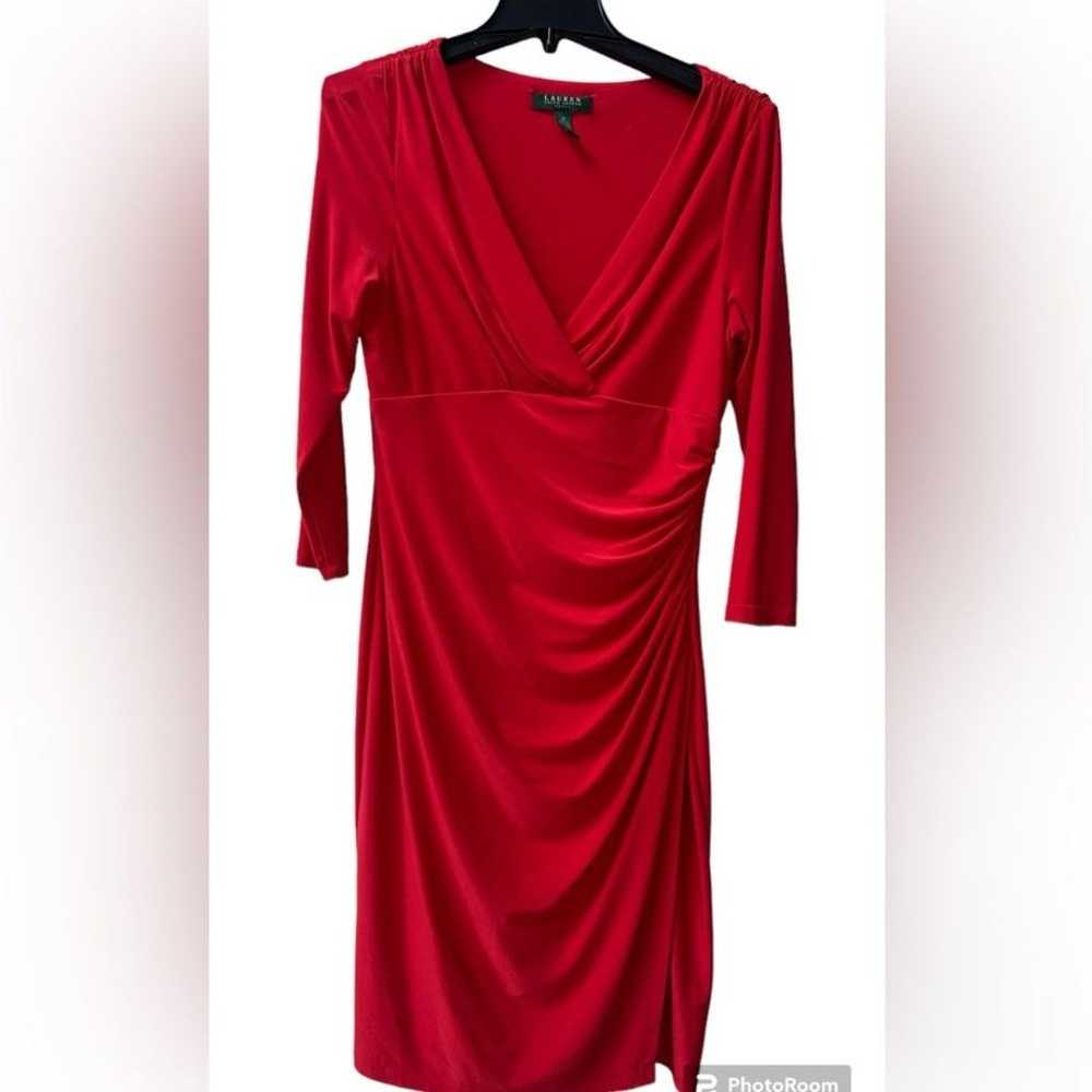 LAUREN Ralph Lauren Red Jersey Faux Wrap Dress Si… - image 2