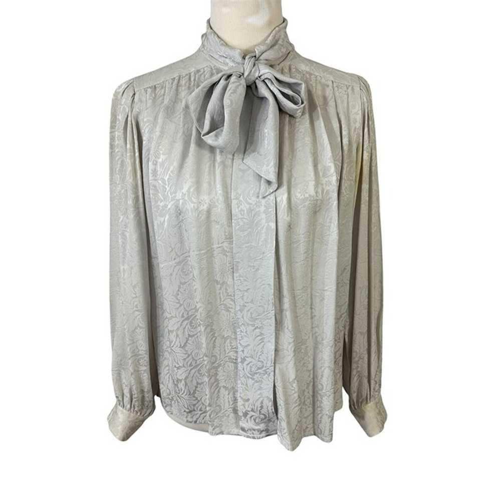 Oleg Cassini Silk Blouse Size 8 Gray Jacquard Dam… - image 4