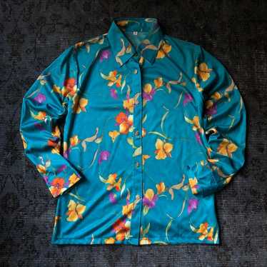 Rare 90s floral print shirt Flower retro turquois… - image 1