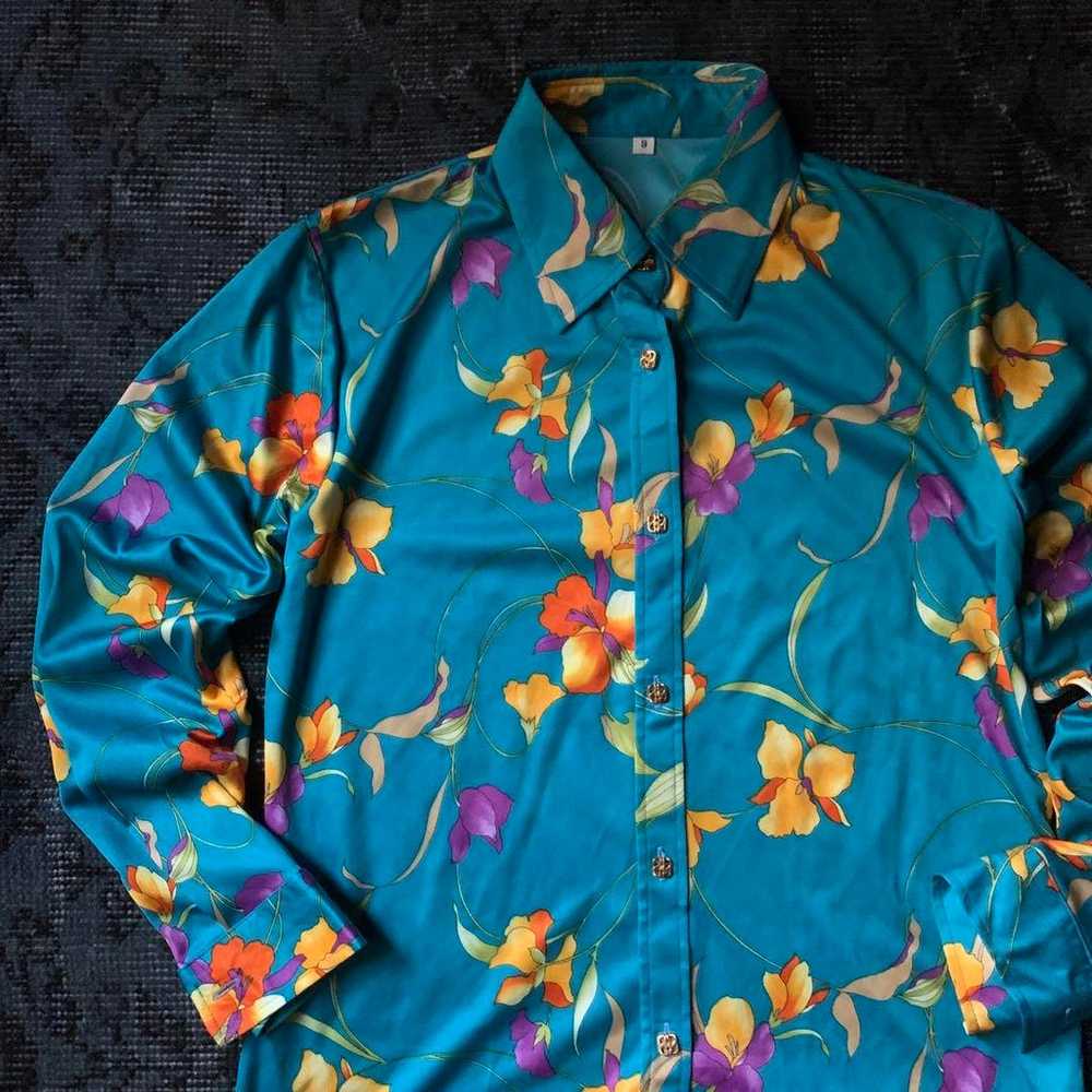 Rare 90s floral print shirt Flower retro turquois… - image 2