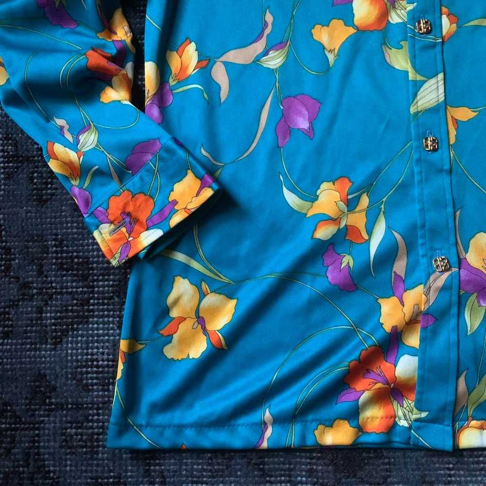 Rare 90s floral print shirt Flower retro turquois… - image 3