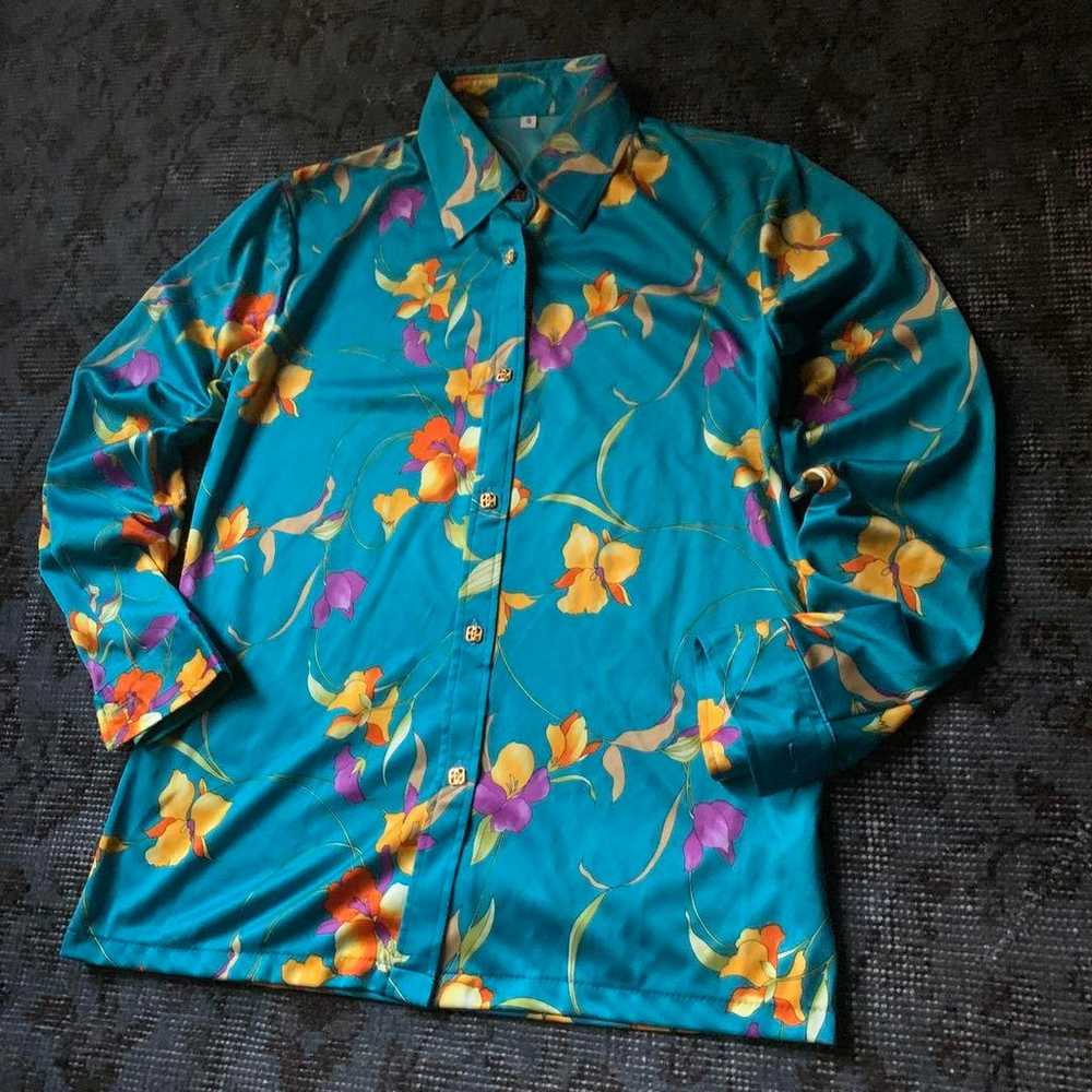 Rare 90s floral print shirt Flower retro turquois… - image 4