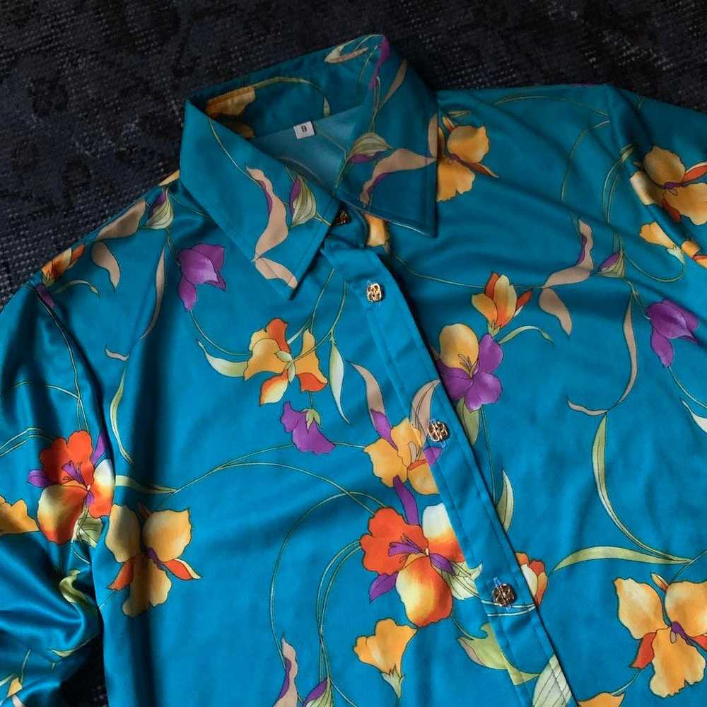 Rare 90s floral print shirt Flower retro turquois… - image 5