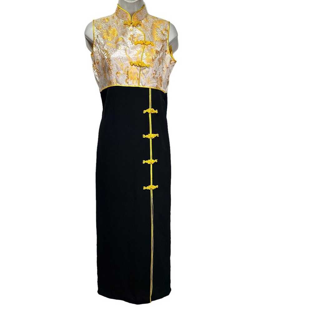 Satin Cheongsam yellow black Chinese Qipao Size L - image 1