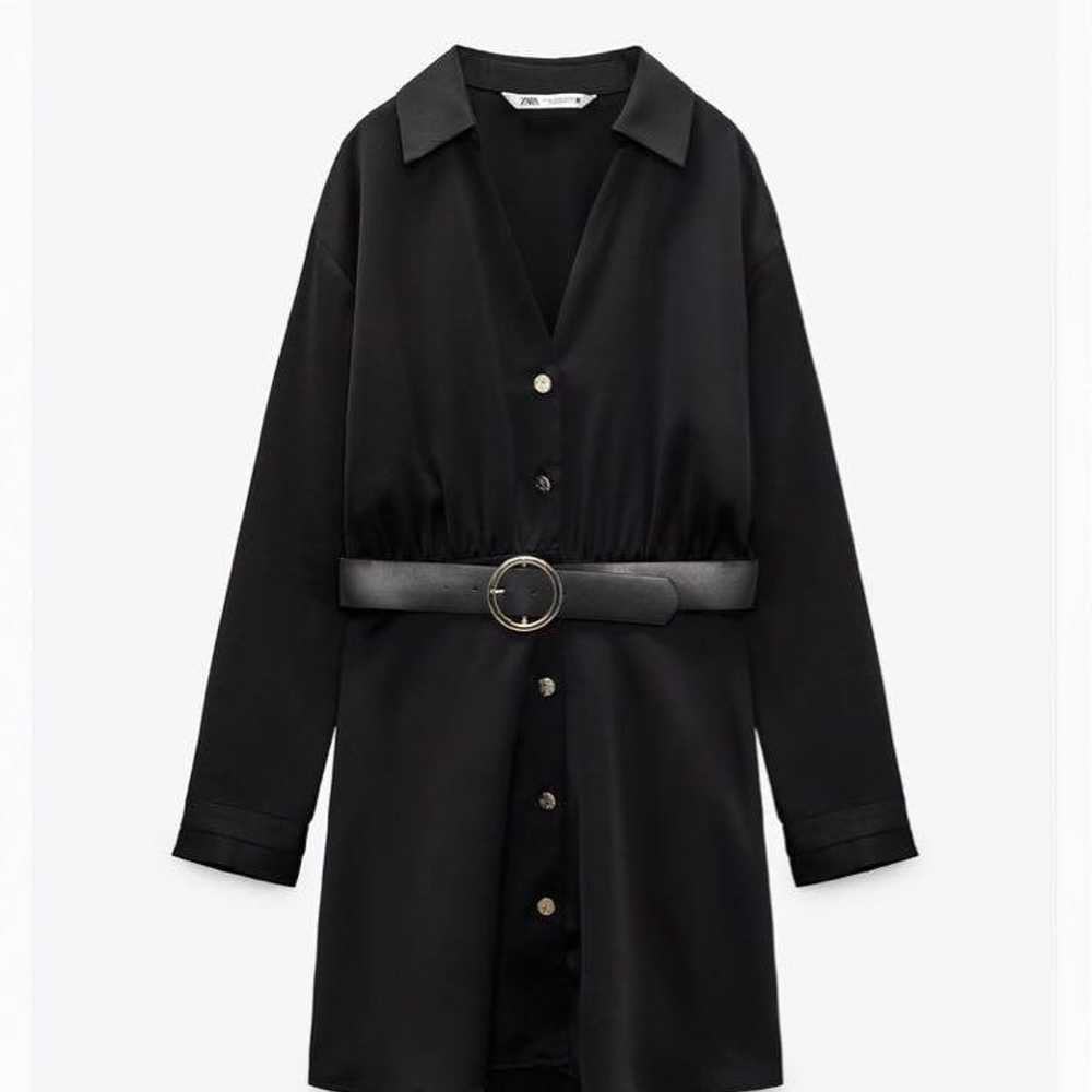 【Unused】ZARA Black Satin Shirt One-Piece with Belt - image 1