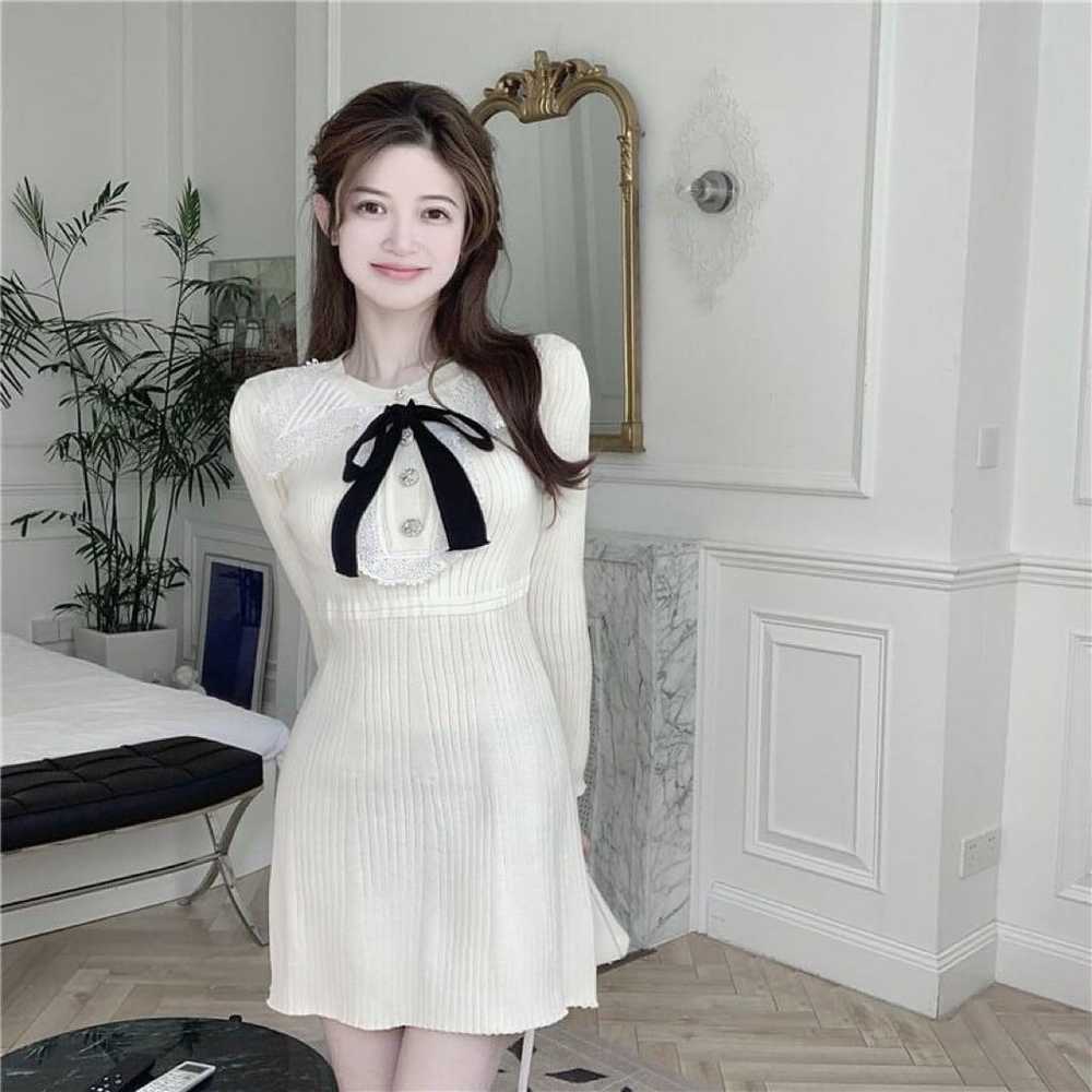 White knitted one-piece with ribbon and long slee… - image 2