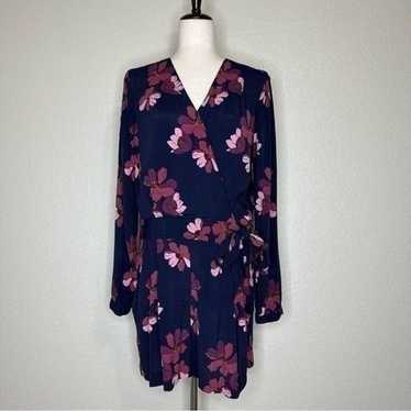 Loft Floral Navy Blue Purple Long Sleeves Wrap Rom