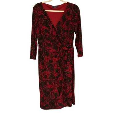 Chaps Red Black Floral Print Empire Waist Dress S… - image 1