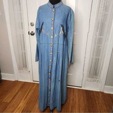 Vintage 1990s Handmade Embroidered Jean Maxi Dres… - image 1