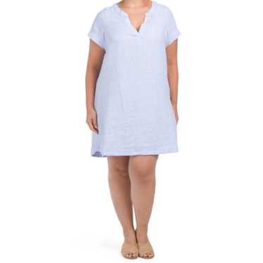 Tahari Chambray Blue Short Sleeve Split Neck Linen