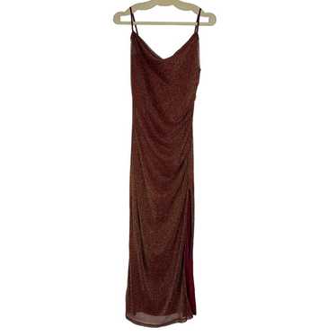 Lulus Burgundy Gold Shimmer Maxi Dress Plunge Cowl