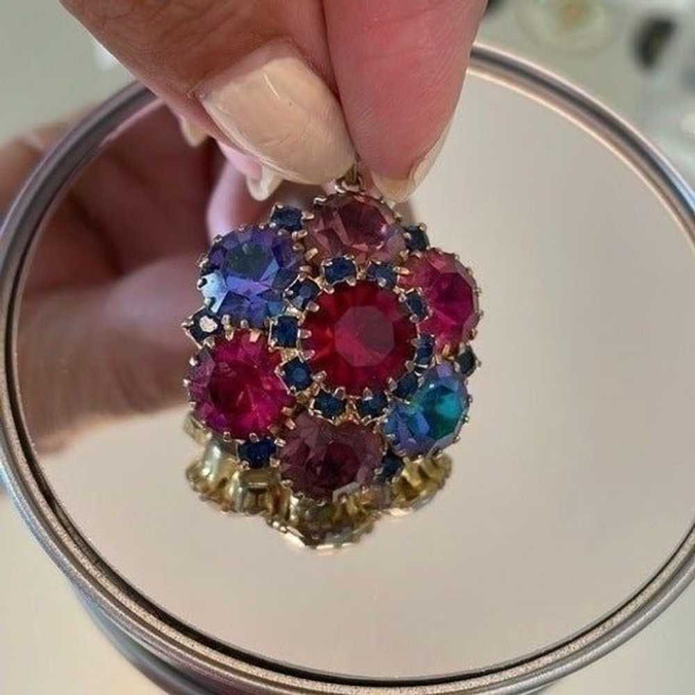 Vtg large round multi colored rhinestone pendant - image 1