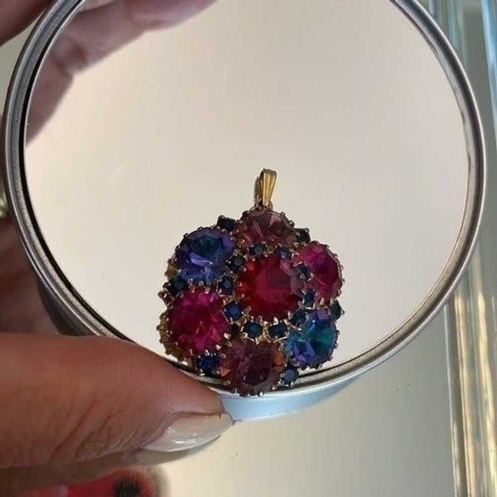 Vtg large round multi colored rhinestone pendant - image 2