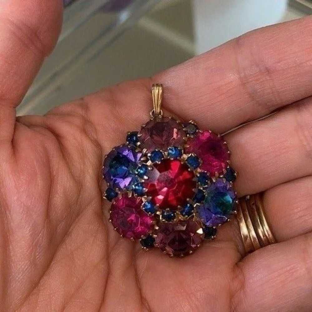 Vtg large round multi colored rhinestone pendant - image 4