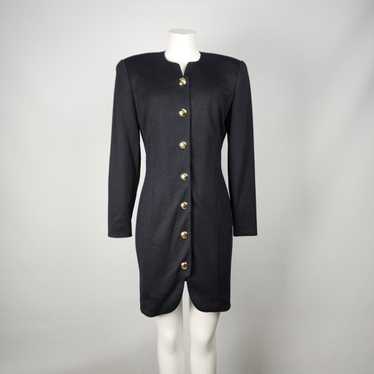 Vintage Simon Chang Black Wool Button Up Dress Si… - image 1