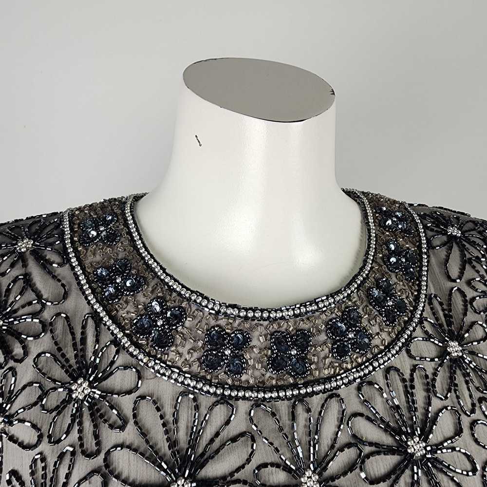 Vintage Papell Boutique Silk Silver Beaded Floral… - image 2