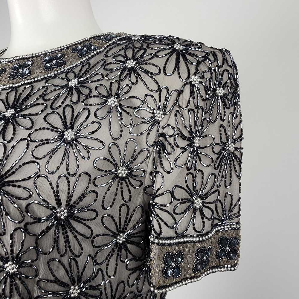 Vintage Papell Boutique Silk Silver Beaded Floral… - image 3