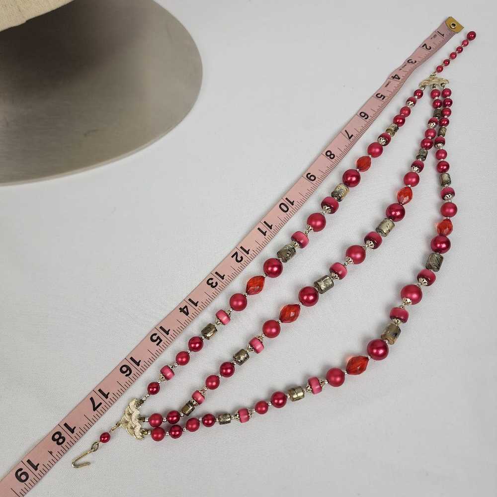 Vintage Japan Pink Beaded Three Strand Layered Ne… - image 6