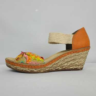 Rieker Wedge Bow Sandals Leather Orange Flower Si… - image 1