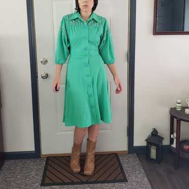 70s Bright Green Dagger Collar Button Down Dress - image 1