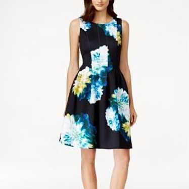 Calvin Klein Blue Yellow Floral Sleeveless  Pleate