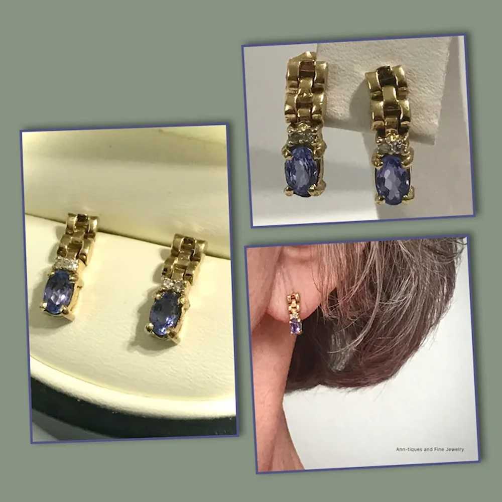 14K YG Tranzanite and Diamond Vintage Earrings - image 2