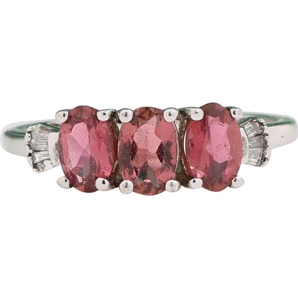 3-Stone Pink Tourmaline Diamond Band Ring 10K Whi… - image 1