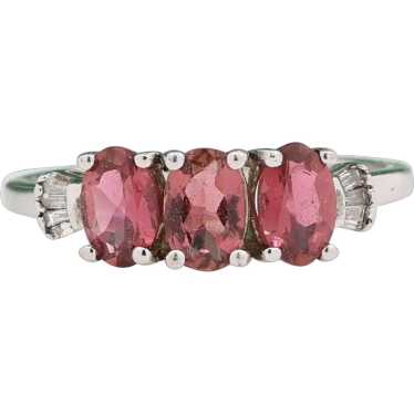 3-Stone Pink Tourmaline Diamond Band Ring 10K Whi… - image 1