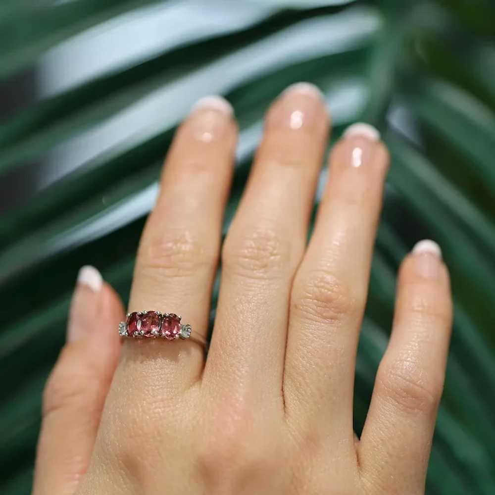 3-Stone Pink Tourmaline Diamond Band Ring 10K Whi… - image 2