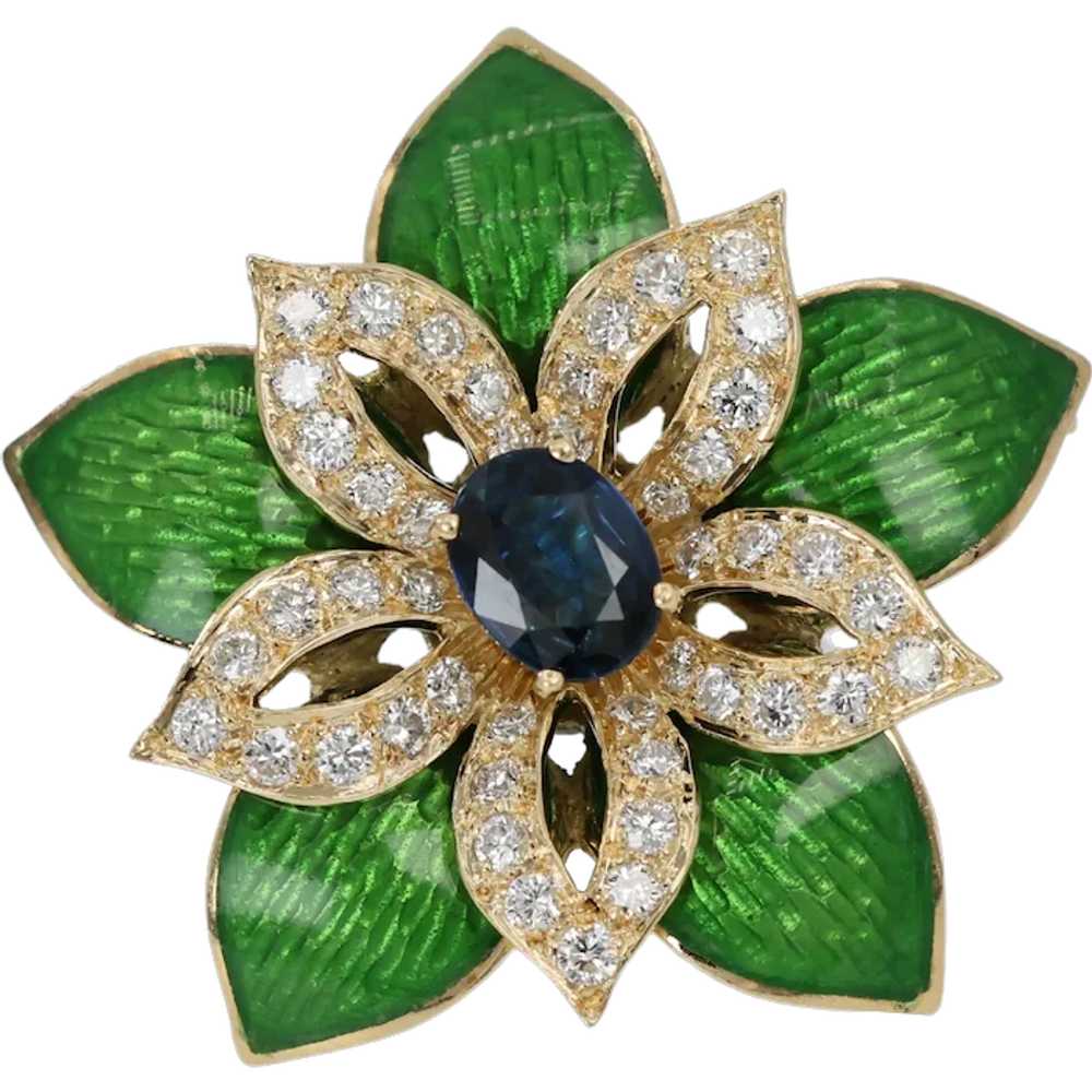 18K (750) Yellow Gold Green Enamel Sapphire Diamo… - image 1