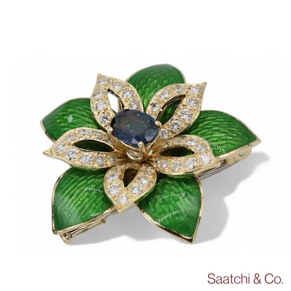 18K (750) Yellow Gold Green Enamel Sapphire Diamo… - image 2