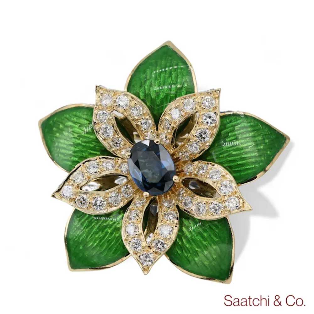 18K (750) Yellow Gold Green Enamel Sapphire Diamo… - image 5