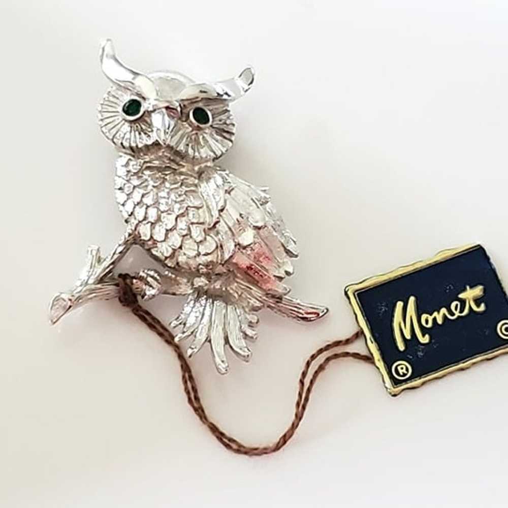 Vintage Monet Designer Silver Brushed Owl Brooch - image 1