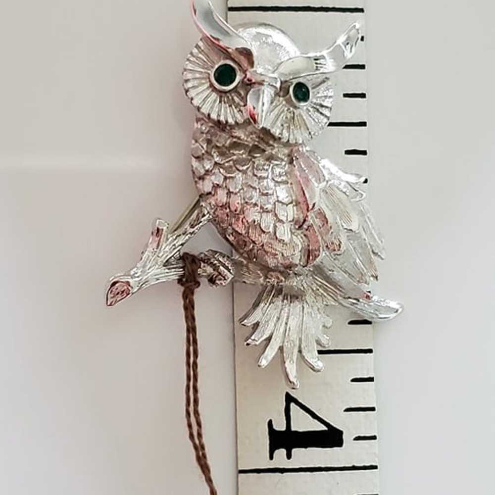 Vintage Monet Designer Silver Brushed Owl Brooch - image 4