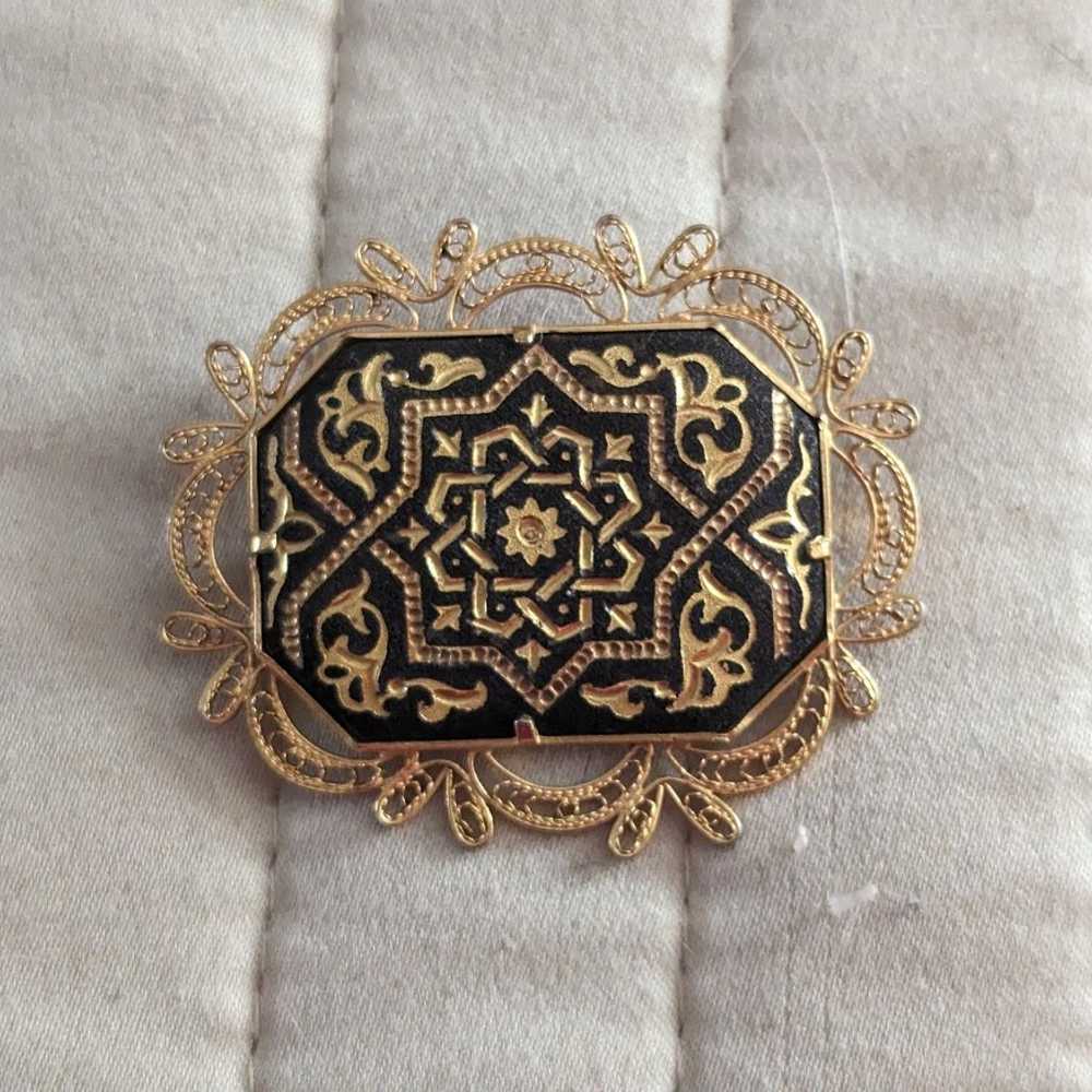 Vintage Damascene Octagonal Brooch with Filigree … - image 1