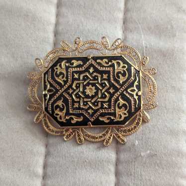 Vintage Damascene Octagonal Brooch with Filigree … - image 1