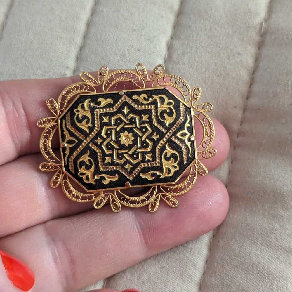 Vintage Damascene Octagonal Brooch with Filigree … - image 2